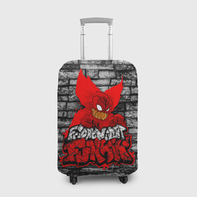 Чехол для чемодана 3D с принтом Friday Night Funkin TrickyWall в Новосибирске, 86% полиэфир, 14% спандекс | двустороннее нанесение принта, прорези для ручек и колес | black | brick | character | clown | demon | fire | fnf | friday night funkin | red | tricky | white | белый | буквы | демон | игра | картинка | кирпич | клоун | красный | логотип | микрофон | огонь | персонаж | рисовка | трещины | трики | фра