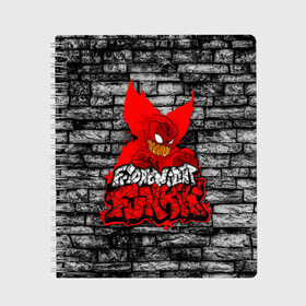 Тетрадь с принтом Friday Night Funkin TrickyWall в Новосибирске, 100% бумага | 48 листов, плотность листов — 60 г/м2, плотность картонной обложки — 250 г/м2. Листы скреплены сбоку удобной пружинной спиралью. Уголки страниц и обложки скругленные. Цвет линий — светло-серый
 | black | brick | character | clown | demon | fire | fnf | friday night funkin | red | tricky | white | белый | буквы | демон | игра | картинка | кирпич | клоун | красный | логотип | микрофон | огонь | персонаж | рисовка | трещины | трики | фра