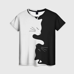 Женская футболка 3D с принтом Коты инь янь в Новосибирске, 100% полиэфир ( синтетическое хлопкоподобное полотно) | прямой крой, круглый вырез горловины, длина до линии бедер | cat | домашние животные | звери | инь и янь | инь янь | кот | коты | кошка | кошки | черно белое | чернобелое | черное и белое