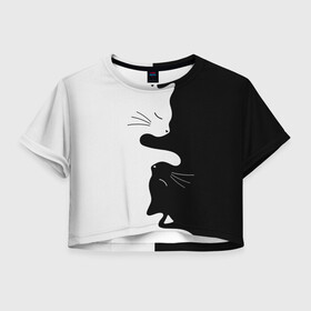 Женская футболка Crop-top 3D с принтом Коты инь янь в Новосибирске, 100% полиэстер | круглая горловина, длина футболки до линии талии, рукава с отворотами | cat | домашние животные | звери | инь и янь | инь янь | кот | коты | кошка | кошки | черно белое | чернобелое | черное и белое