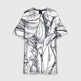 Детское платье 3D с принтом Тропические листья в Новосибирске, 100% полиэстер | прямой силуэт, чуть расширенный к низу. Круглая горловина, на рукавах — воланы | plants | растения | тропические листья | цветы | чёрно белые листья