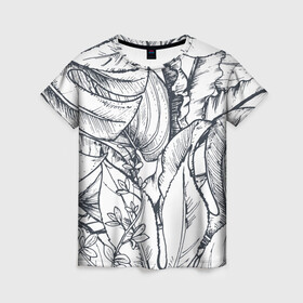 Женская футболка 3D с принтом Тропические листья в Новосибирске, 100% полиэфир ( синтетическое хлопкоподобное полотно) | прямой крой, круглый вырез горловины, длина до линии бедер | plants | растения | тропические листья | цветы | чёрно белые листья