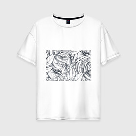 Женская футболка хлопок Oversize с принтом Тропические листья в Новосибирске, 100% хлопок | свободный крой, круглый ворот, спущенный рукав, длина до линии бедер
 | plants | растения | тропические листья | цветы | чёрно белые листья