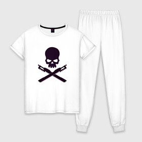 Женская пижама хлопок с принтом Warhammer Roger в Новосибирске, 100% хлопок | брюки и футболка прямого кроя, без карманов, на брюках мягкая резинка на поясе и по низу штанин | chainsword | jolly roger | pirate | skull | warhammer | вархаммер | пиломеч | пиратский флаг | череп