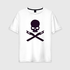Женская футболка хлопок Oversize с принтом Warhammer Roger в Новосибирске, 100% хлопок | свободный крой, круглый ворот, спущенный рукав, длина до линии бедер
 | Тематика изображения на принте: chainsword | jolly roger | pirate | skull | warhammer | вархаммер | пиломеч | пиратский флаг | череп