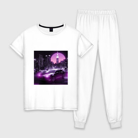 Женская пижама хлопок с принтом Neon Citroen в Новосибирске, 100% хлопок | брюки и футболка прямого кроя, без карманов, на брюках мягкая резинка на поясе и по низу штанин | citroen | city | neon | sunset | авто | город | закат | неон | ночь | ситроен