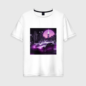Женская футболка хлопок Oversize с принтом Neon Citroen в Новосибирске, 100% хлопок | свободный крой, круглый ворот, спущенный рукав, длина до линии бедер
 | citroen | city | neon | sunset | авто | город | закат | неон | ночь | ситроен