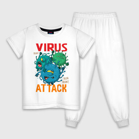 Детская пижама хлопок с принтом ВИРУС АТАКУЕТ в Новосибирске, 100% хлопок |  брюки и футболка прямого кроя, без карманов, на брюках мягкая резинка на поясе и по низу штанин
 | Тематика изображения на принте: attack | covid | lockdown | virus | атака | болезнь | вакцинация | вирус | карантин | ковид | коронавирус | пандемия | эпидемия