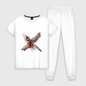 Женская пижама хлопок с принтом Медная стрекоза в Новосибирске, 100% хлопок | брюки и футболка прямого кроя, без карманов, на брюках мягкая резинка на поясе и по низу штанин | dragonfly | графика | крылья | летать | медный | насекомое | рисунок | стрекоза