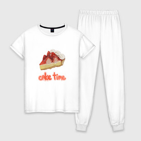 Женская пижама хлопок с принтом Cake time! в Новосибирске, 100% хлопок | брюки и футболка прямого кроя, без карманов, на брюках мягкая резинка на поясе и по низу штанин | вкусняшка | еда | рисунок | розовый | торт