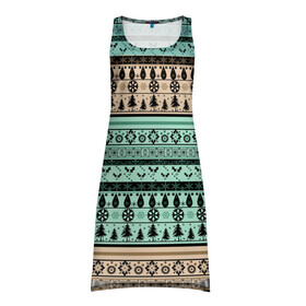 Платье-майка 3D с принтом Новогодний зимний орнамент в Новосибирске, 100% полиэстер | полуприлегающий силуэт, широкие бретели, круглый вырез горловины, удлиненный подол сзади. | бирюзовые полосы | коричневый и бирюзовый | орнамент | полосы | рождественский | скандинавский узор | этнический