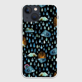 Чехол для iPhone 13 mini с принтом Дождливая осень.Солнце, облака в Новосибирске,  |  | autumn | pattern | raibow | rain | raindrops | sun | watercolor | акварель | дизайн | дождливый | дождь | закат | капли | коллаж | ливень | морось | непогода | облака | осень | паттерн | погода | природа | радуга | рассвет | солнце