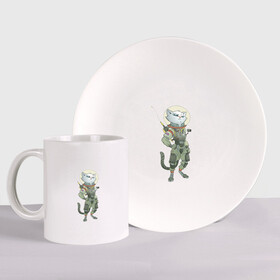 Набор: тарелка + кружка с принтом Космический боевой кот в Новосибирске, керамика | Кружка: объем — 330 мл, диаметр — 80 мм. Принт наносится на бока кружки, можно сделать два разных изображения. 
Тарелка: диаметр - 210 мм, диаметр для нанесения принта - 120 мм. | Тематика изображения на принте: арт | астронавт | белая кошка | белый кот | военный | космонавт | космос | кот | кот военный | котейка | кошка | рисунок | скафандр