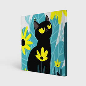 Холст квадратный с принтом Кот и цветок в Новосибирске, 100% ПВХ |  | арт | жёлтые цветы | жёлтый цветок | космос | кот | котейка | кошка | полевой цветок | полевые цветы | пчела | рисунок | цветок | цветы | чёрная кошка | чёрный кот | чёрный котейка