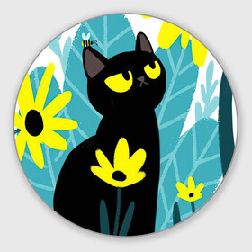 Коврик для мышки круглый с принтом Кот и цветок в Новосибирске, резина и полиэстер | круглая форма, изображение наносится на всю лицевую часть | арт | жёлтые цветы | жёлтый цветок | космос | кот | котейка | кошка | полевой цветок | полевые цветы | пчела | рисунок | цветок | цветы | чёрная кошка | чёрный кот | чёрный котейка