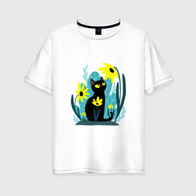 Женская футболка хлопок Oversize с принтом Кот и цветок в Новосибирске, 100% хлопок | свободный крой, круглый ворот, спущенный рукав, длина до линии бедер
 | арт | жёлтые цветы | жёлтый цветок | космос | кот | котейка | кошка | полевой цветок | полевые цветы | пчела | рисунок | цветок | цветы | чёрная кошка | чёрный кот | чёрный котейка