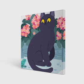 Холст квадратный с принтом Кот, лягушка и клумба в Новосибирске, 100% ПВХ |  | арт | клумба | космос | кот | котейка | кошка | лягушка | рисунок | розовые цветы | розовый цветок | цветы | чёрная кошка | чёрный кот