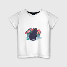 Детская футболка хлопок с принтом Кот, лягушка и клумба в Новосибирске, 100% хлопок | круглый вырез горловины, полуприлегающий силуэт, длина до линии бедер | арт | клумба | космос | кот | котейка | кошка | лягушка | рисунок | розовые цветы | розовый цветок | цветы | чёрная кошка | чёрный кот