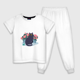 Детская пижама хлопок с принтом Кот, лягушка и клумба в Новосибирске, 100% хлопок |  брюки и футболка прямого кроя, без карманов, на брюках мягкая резинка на поясе и по низу штанин
 | арт | клумба | космос | кот | котейка | кошка | лягушка | рисунок | розовые цветы | розовый цветок | цветы | чёрная кошка | чёрный кот
