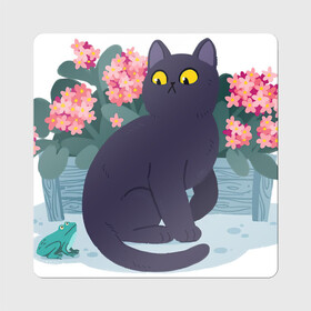 Магнит виниловый Квадрат с принтом Кот, лягушка и клумба в Новосибирске, полимерный материал с магнитным слоем | размер 9*9 см, закругленные углы | Тематика изображения на принте: арт | клумба | космос | кот | котейка | кошка | лягушка | рисунок | розовые цветы | розовый цветок | цветы | чёрная кошка | чёрный кот
