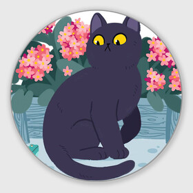 Коврик для мышки круглый с принтом Кот, лягушка и клумба в Новосибирске, резина и полиэстер | круглая форма, изображение наносится на всю лицевую часть | арт | клумба | космос | кот | котейка | кошка | лягушка | рисунок | розовые цветы | розовый цветок | цветы | чёрная кошка | чёрный кот