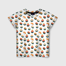Детская футболка 3D с принтом Sushi в Новосибирске, 100% гипоаллергенный полиэфир | прямой крой, круглый вырез горловины, длина до линии бедер, чуть спущенное плечо, ткань немного тянется | sushi | еда | икра | лосось | рис | роллы | рыба | суши