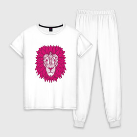 Женская пижама хлопок с принтом Pink Lion в Новосибирске, 100% хлопок | брюки и футболка прямого кроя, без карманов, на брюках мягкая резинка на поясе и по низу штанин | animal | cat | lion | африка | животные | зверь | кот | кошка | лев | львенок | львица | тигр | хищник | царь