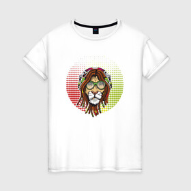 Женская футболка хлопок с принтом Reggae Lion в Новосибирске, 100% хлопок | прямой крой, круглый вырез горловины, длина до линии бедер, слегка спущенное плечо | animal | cat | lion | reggae | африка | животные | зверь | кот | кошка | лев | львенок | львица | музыка | регги | тигр | хищник | царь | ямайка. jamaica