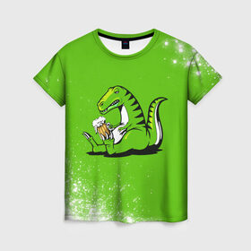 Женская футболка 3D с принтом Пивозавр - Краска в Новосибирске, 100% полиэфир ( синтетическое хлопкоподобное полотно) | прямой крой, круглый вырез горловины, длина до линии бедер | dinosaur | pivo | pivozavr | взрыв | динозавр | краска | прикол