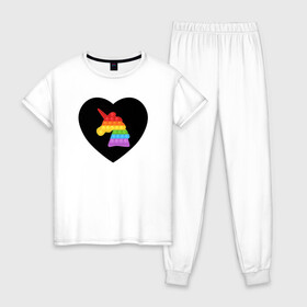 Женская пижама хлопок с принтом Pop It - Unicorn - Heart в Новосибирске, 100% хлопок | брюки и футболка прямого кроя, без карманов, на брюках мягкая резинка на поясе и по низу штанин | 2021 | anti | dimple | fidget | pop it | popit | simple | simpledimple | stress | trend | trends | unicorn | анти | димпл | поп ит | сердечко | сердце | симпл | стресс | тренд | тренды | фиджет