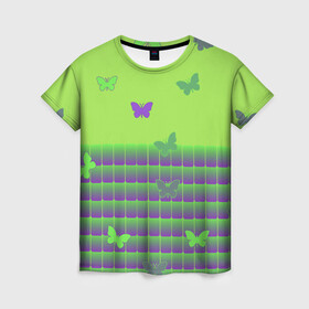 Женская футболка 3D с принтом Бабочки в Новосибирске, 100% полиэфир ( синтетическое хлопкоподобное полотно) | прямой крой, круглый вырез горловины, длина до линии бедер | бабочки | кислотный рисунок | лето | насекомые | неон | солнце | тепло