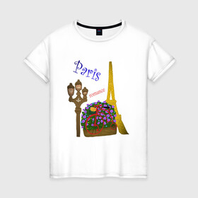 Женская футболка хлопок с принтом Кусочек Парижа в Новосибирске, 100% хлопок | прямой крой, круглый вырез горловины, длина до линии бедер, слегка спущенное плечо | . | велик | велосипед | виласипед | города | любовь | мерцание | надписи | париж | путешествие | романтика | текст | фонарь | франция | цветы | эйфелева башня