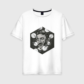 Женская футболка хлопок Oversize с принтом Никола Тесла в Новосибирске, 100% хлопок | свободный крой, круглый ворот, спущенный рукав, длина до линии бедер
 | арт | лампочка | лампочки | никола тесла | рисунок | тесла | учёный | чёрно белый | черно белый рисунок | электричество