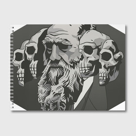 Альбом для рисования с принтом Чарльз Дарвин в Новосибирске, 100% бумага
 | матовая бумага, плотность 200 мг. | Тематика изображения на принте: арт | дарвин | рисунок | учёный | чарльз дарвин | череп | черепа | чёрно белый | черно белый рисунок | эволюция