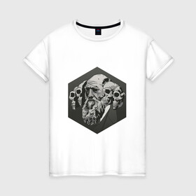 Женская футболка хлопок с принтом Чарльз Дарвин в Новосибирске, 100% хлопок | прямой крой, круглый вырез горловины, длина до линии бедер, слегка спущенное плечо | арт | дарвин | рисунок | учёный | чарльз дарвин | череп | черепа | чёрно белый | черно белый рисунок | эволюция