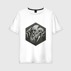 Женская футболка хлопок Oversize с принтом Чарльз Дарвин в Новосибирске, 100% хлопок | свободный крой, круглый ворот, спущенный рукав, длина до линии бедер
 | арт | дарвин | рисунок | учёный | чарльз дарвин | череп | черепа | чёрно белый | черно белый рисунок | эволюция