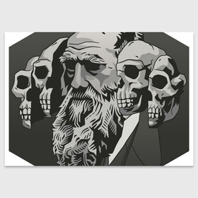 Поздравительная открытка с принтом Чарльз Дарвин в Новосибирске, 100% бумага | плотность бумаги 280 г/м2, матовая, на обратной стороне линовка и место для марки
 | арт | дарвин | рисунок | учёный | чарльз дарвин | череп | черепа | чёрно белый | черно белый рисунок | эволюция