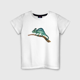 Детская футболка хлопок с принтом Зеленый хамелеон на ветке в Новосибирске, 100% хлопок | круглый вырез горловины, полуприлегающий силуэт, длина до линии бедер | chameleon | green | lizard | reptile | torqoise | акварель | акварельный | бирюзовый | ветка | зеленый | иллюстрация | на ветке | скетч | хамелеон | ящерица
