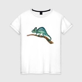 Женская футболка хлопок с принтом Зеленый хамелеон на ветке в Новосибирске, 100% хлопок | прямой крой, круглый вырез горловины, длина до линии бедер, слегка спущенное плечо | chameleon | green | lizard | reptile | torqoise | акварель | акварельный | бирюзовый | ветка | зеленый | иллюстрация | на ветке | скетч | хамелеон | ящерица