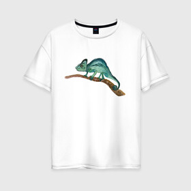 Женская футболка хлопок Oversize с принтом Зеленый хамелеон на ветке в Новосибирске, 100% хлопок | свободный крой, круглый ворот, спущенный рукав, длина до линии бедер
 | chameleon | green | lizard | reptile | torqoise | акварель | акварельный | бирюзовый | ветка | зеленый | иллюстрация | на ветке | скетч | хамелеон | ящерица