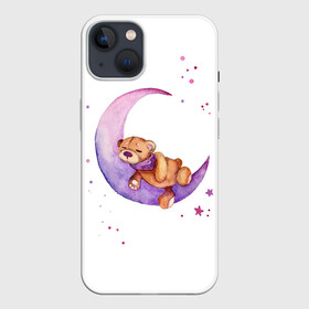 Чехол для iPhone 13 с принтом Плюшевый мишка спит на луне в Новосибирске,  |  | bedtime | dream | moon | night | sleep | stars | teddy bear | акварель | акварельный | детский | дизайн | звездный | звезды | игрушка | луна | малыш | малышковый | медведь | милый | мишка | ночь | плюшевый | розовый | сиреневый