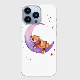 Чехол для iPhone 13 Pro с принтом Плюшевый мишка спит на луне в Новосибирске,  |  | Тематика изображения на принте: bedtime | dream | moon | night | sleep | stars | teddy bear | акварель | акварельный | детский | дизайн | звездный | звезды | игрушка | луна | малыш | малышковый | медведь | милый | мишка | ночь | плюшевый | розовый | сиреневый