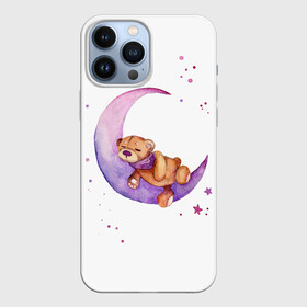Чехол для iPhone 13 Pro Max с принтом Плюшевый мишка спит на луне в Новосибирске,  |  | Тематика изображения на принте: bedtime | dream | moon | night | sleep | stars | teddy bear | акварель | акварельный | детский | дизайн | звездный | звезды | игрушка | луна | малыш | малышковый | медведь | милый | мишка | ночь | плюшевый | розовый | сиреневый