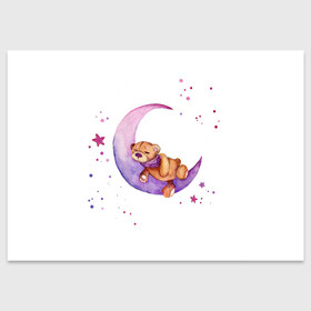 Поздравительная открытка с принтом Плюшевый мишка спит на луне в Новосибирске, 100% бумага | плотность бумаги 280 г/м2, матовая, на обратной стороне линовка и место для марки
 | bedtime | dream | moon | night | sleep | stars | teddy bear | акварель | акварельный | детский | дизайн | звездный | звезды | игрушка | луна | малыш | малышковый | медведь | милый | мишка | ночь | плюшевый | розовый | сиреневый