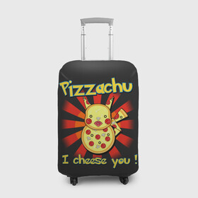 Чехол для чемодана 3D с принтом Пиццачу в Новосибирске, 86% полиэфир, 14% спандекс | двустороннее нанесение принта, прорези для ручек и колес | anime | pikachu | pizza | pokemon | poket monster | poketmon | аниме | анимэ | карманные монстры | пикачу | пицца | покемон