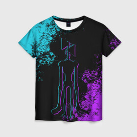Женская футболка 3D с принтом НЕОНОВЫЙ СИРЕНОГОЛОВЫЙ  в Новосибирске, 100% полиэфир ( синтетическое хлопкоподобное полотно) | прямой крой, круглый вырез горловины, длина до линии бедер | neon | siren head | игра | монстр | неон | сиреноголовый | существо | хоррор