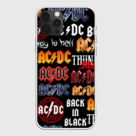 Чехол для iPhone 12 Pro с принтом AC DC LOGOBOMBING  в Новосибирске, силикон | область печати: задняя сторона чехла, без боковых панелей | ac dc | angus young. | back in black | brian johnson | hells bells | highway to hell | rock | thunderstruck | tnt | ангус янг | брайан джонсон | группа | музыка | рок | эйси диси