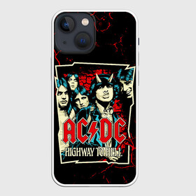 Чехол для iPhone 13 mini с принтом AC DC HIGHWAY TO HELL в Новосибирске,  |  | Тематика изображения на принте: ac dc | angus young. | back in black | brian johnson | hells bells | highway to hell | rock | thunderstruck | tnt | ангус янг | брайан джонсон | группа | музыка | рок | эйси диси