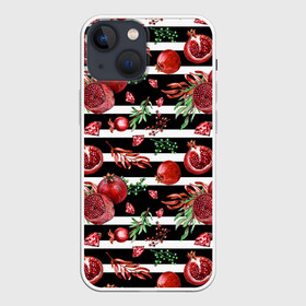 Чехол для iPhone 13 mini с принтом Гранаты и рубины на фоне полос в Новосибирске,  |  | бриллианты | гранаты | драгоценности | листья | полоски | полосы | рубины | фрукты | ягоды