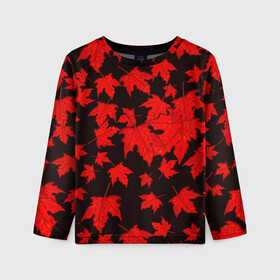 Детский лонгслив 3D с принтом осенние листья в Новосибирске, 100% полиэстер | длинные рукава, круглый вырез горловины, полуприлегающий силуэт
 | клён | кленовые | красный | красный на черном | листва | листопад | листья | листья падают | осенние | осень | черный